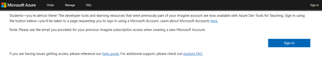 Primer spletne strani za prijavo v storitev Azure dev tools for teaching